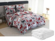 Set Lenjerie cocolino MERRY CHRISTMAS DEER gri + Cearsaf Cocolino microplus cu elastic SOFT 180x200 cm alb, pat dublu