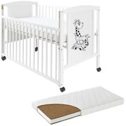 Patut din lemn masiv 120x60 cm Bria alb cu laterala culisanta si roti, saltea cocos LUX 120x60x9 cm inclusa, reglabil pe 3 nivele, certificat EN71