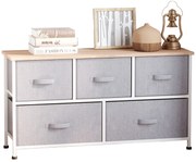 HOMCOM Comodă mobilier de depozitare 100 x 30 x 54 cm 5 sertare netesut gri structură oțel alb lemn deschis | Aosom Romania
