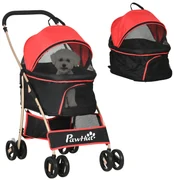 PawHut Cărucior pentru Câini Pliabil și Convertibil în Geantă de Transport cu 2 Lese și Pernă, 82x49.5x98 cm, Roșu | Aosom Romania