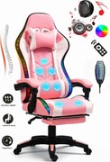ALFORD Scaun gaming cu Masaj in 5 puncte, Perna lombara cu Masaj, Sistem iluminare banda LED RGB, Boxe Bluetooth, suport picioare, PU, Roz