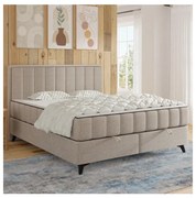 Pat tapițat ALICIA 140x200 cm, bej, cu saltele și topper incluse, cu spațiu de depozitare
