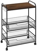 HOMCOM Cărucior Auxiliar cu Roți de 3 Nivele Cărucior de Bucătărie cu 2 Coșuri și 4 Cârlige 60x38x85,5 cm Maro Rustic | Aosom Romania