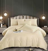 Lenjerie pat dublu, damasc finetat Deluxe, 6 piese, cearceaf pat cu elastic - Galben deschis