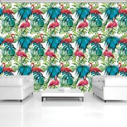 Fototapet - păsări flamingo și frunze (254x184 cm)