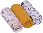 Baby Nellys Scutece de muselina 3ks Lux - Boho, animale, 70 x 80 cm, mustar/alb