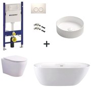 Set cada freestanding, lavoar cu ventil, vas wc rimless suspendat cu capac soft close, rezervor incastrat si clapeta