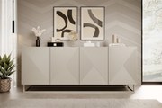 Comodă Asha 200 cm cu partea frontală riflat și cadru metalic – bej cashmere