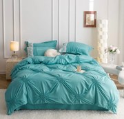 Lenjerie Pat Dublu, Bumbac Soft Touch, 6 piese, cu Pliuri Brodate - Verde Menta