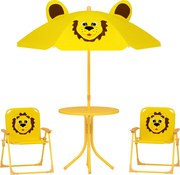 AIYAPLAY Mobilier de grădină pentru copii cu umbrelă de soare reglabilă, Set de picnic pentru copii cu 4 piese, Masă cu 2 scaune pliante, masă, Set de terasă cu model de leu pentru vârstele 2-5 ani, Galben | Aosom Romania