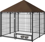 PawHut Gard pentru Câini din Metal cu Ușă pentru Boluri, Gard pentru Câini de Exterior cu Acoperiș, 141x141x151 cm, Negru și Maro