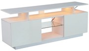 Modernă comodă TV cu iluminare LED în 16 culori, panou frontal lucios, raft de sticlă, 140×35×61 cm, Alb