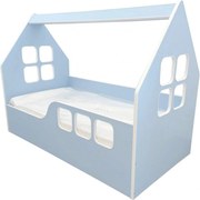 Pat tip casuta pentru copii NOVOKIDS™ Magic Blue House, 160x80 CM, Pal 18 mm, Margini anti-lovire, Protectie Laterala cu montare universala, Albastru