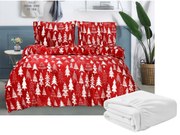 Set lenjerie cocolino CHRISTMAS TREES rosu + cearsaf Cocolino microplus cu elastic SOFT 180x200 cm alb, pat dublu