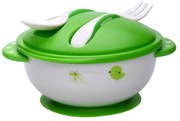 Set castronel copii cu lingurita si furculita NOVOKIDS™ Baby Bowl, cu ventuza, de la 6 luni, lingurita copii, furculita copii, manere lungi, Verde