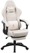 DOWINX Scaun gaming, ergonomic, suport lombar cu masaj, spătar înalt, reglabil, tetieră, suport picioare, rezistent 150 kg, piele PU, Ivory