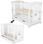 Patut din lemn masiv 2 in 1 Maya alb cu sertar, include bariera