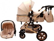 Carucior nou nascuti 3 in 1 Baby Care™ PRO 530 , Cu geanta bebe, Cadru Aluminiu Gold, Amortizoare, Roti din cauciuc plin AVE, Landou, Scoica auto,
