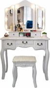 Set ELISABETA – Masă de Toaletă pentru Machiaj, cu 3 Oglinzi, Iluminare LED, Control Touch, 5 sertare, Scaun, Alb