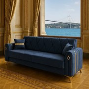 Canapea extensibila cu lada de depozitare 220x87x93 cm ,albastru, detalii aurii –Camara