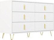 Bufet cu 6 sertare, mânere și picioare aurii, textură ondulată, 120x40x77 cm, Alb+Aurii
