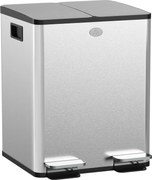 HOMCOM Coș de Gunoi cu 2 Compartimente de 20L cu Pedală, Coș de Gunoi cu 2 Capace Silențioase, 45,8x36x51,6 cm, Argintiu | Aosom Romania