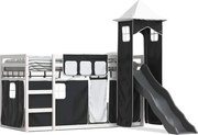 vidaXL Pat supraetajat cu tobogan și perdele, alb și negru, 90x200 cm