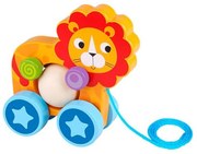 Jucarie educativa de tras din lemn masiv NOVOKIDS™ My first Tiny Lion, Cu roti, Motricitate , Cu sfoara de tractare, Materiale Eco, Galben