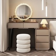 Set EMILY, Masă de toaletă pentru machiaj cu oglindă iluminată LED, în trei culori, intensitate reglabilă, control touch, comoda, taburet, 80 cm, Gri