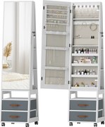 HOMCOM Oglindă Dulap pentru Bijuterii cu LED Interior Roți Pivotant 360° Rafturi Deschise Sertare din Material Textil Alb | Aosom Romania