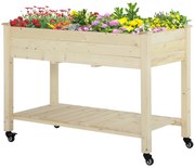 Outsunny Pat Grădină Legume Înălțat Lemn cu Roți, Jardiniera Înălțată cu Raft Inferior, 118x55x83cm, Natural | Aosom Romania