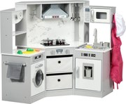 AIYAPLAY Bucătărie pentru copii din lemn cu 17 accesorii legume din plastic butoane și lumini șapcă 3-6 ani gri alb | Aosom Romania