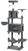 PawHut Arborele pentru Pisici mare, 202 cm, cu 6 Stâlpi de Zgâriat, 2 Hamace, 2 Stinghii, 2 Pompoane, Gri inchis | Aosom Romania