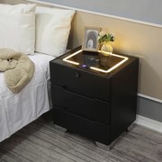 Noptieră inteligentă multifuncțională, 3 sertare, blocare cu amprentă, iluminare LED-uri Touch, 3 tipuri de culoare, încărcare fără fir, sticla securizata, Negru