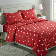Lenjerie de pat dublu bumbac Premium Ranforce rosie cu stele albe / 200x220 cm dimensiune standard