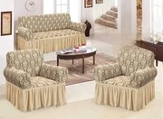 Set huse elastice pentru canapea 3 Locuri si 2 fotolii, cu volanas, model Jacquard Bej