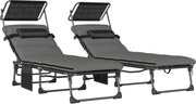 Outsunny Set de 2 șezlonguri pliante cu copertină, șezlonguri înclinabile cu pernă, buzunar lateral și mâner de transport, gri închis | Aosom Romania