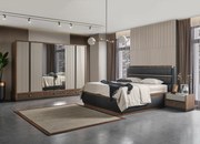 Set dormitor venedik cu pat, noptiere, dulap, comoda - nuc si crem mdf