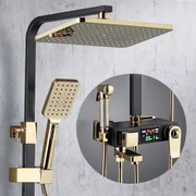 Coloană de duș, cu termostat, afișaj digital, 4 funcții, montare perete, alamă, Negru/Auriu, 8023
