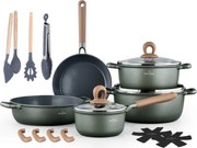Set de oale si tigaie Swiss Haus SH-ZL3018G, 18 piese, Acoperire ceramica Sapphire, Fara PFAS, Inductie, Verde