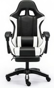 Scaun gaming, Masaj în perna lombară, Rabatabil 90-145°, Suport picioare, piele PU, Negru/Alb