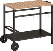 Outsunny Cărucior de grătar cu 2 niveluri Masă auxiliară mobilă pentru grătar cu roți Suport pentru băuturi Cârlige Mâner Negru și Maro | Aosom Romania