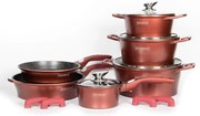 Set 14 piese oale și tigăi marmorate Royalty Line ES 2014M, antiaderente, cu capace și mânere detașabile, compatibile inducție, roșu burgundy