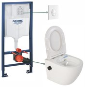 Set vas wc suspendat cu functie bideu alb si baterie inclusa negru mat Foglia Oslo, rezervor wc incastrat si clapeta alb lucios, Grohe