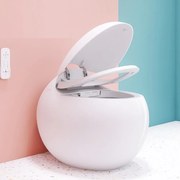 Vas toaletă inteligentă în formă de ou, cu Bideu, Afișaj LED, Telecomandă, Sterilizare UV, Deschidere/Închidere automată, funcționare senzor picior, Control inteligent al Temperaturii, Uscare aer cald, Iluminare de noapte, Ceramică, Alb, 828