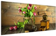 Tablou - lalele, râșniță și cafea (120x50 cm)