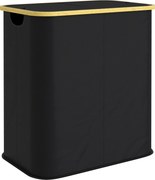 HOMCOM Coș pentru Rufe de 80L cu 2 Secțiuni și Capac din Material Textil și Bambus, 54x34x58,5 cm, Negru | Aosom Romania
