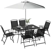 Outsunny Set de grădină cu Masă, 6 Scaune Pliante și Umbrelă de Soare cu Manivelă, Set pentru Exterior din 8 piese, 140x90x70 cm, Gri