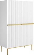 Comodă înaltă Nicole 100 cm cu două uși, fronturi cu riflaj - alb mat / picioare aurii