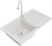 Mexen Pablo chiuvetă de granit cu 1 compartiment cu picurător și baterie bucătărie Telma, albă - 6510-20-670200-20